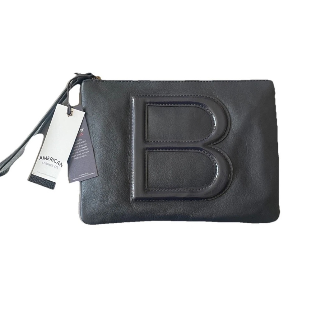 American Leather Co Large Clutch Wristlet Navy Blue Embossed B Purse Bag Travel